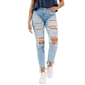 American Eagle Destructed Mom Jeans Size 6 High Rise Frayed Hem Denim